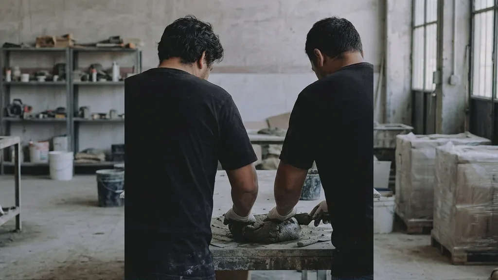 Dos personas de espaldas trabajando en una mesa de un taller de concreto.