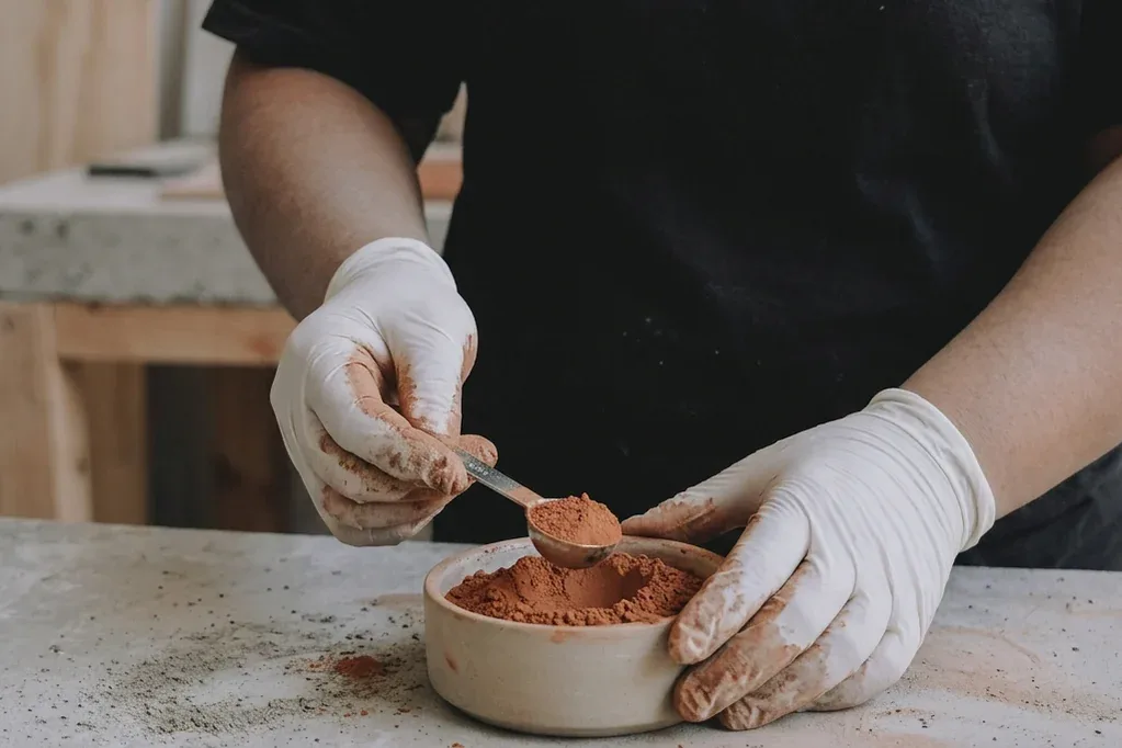 Manos con guantes y pigmento terracota sobre una mesa de trabajo.