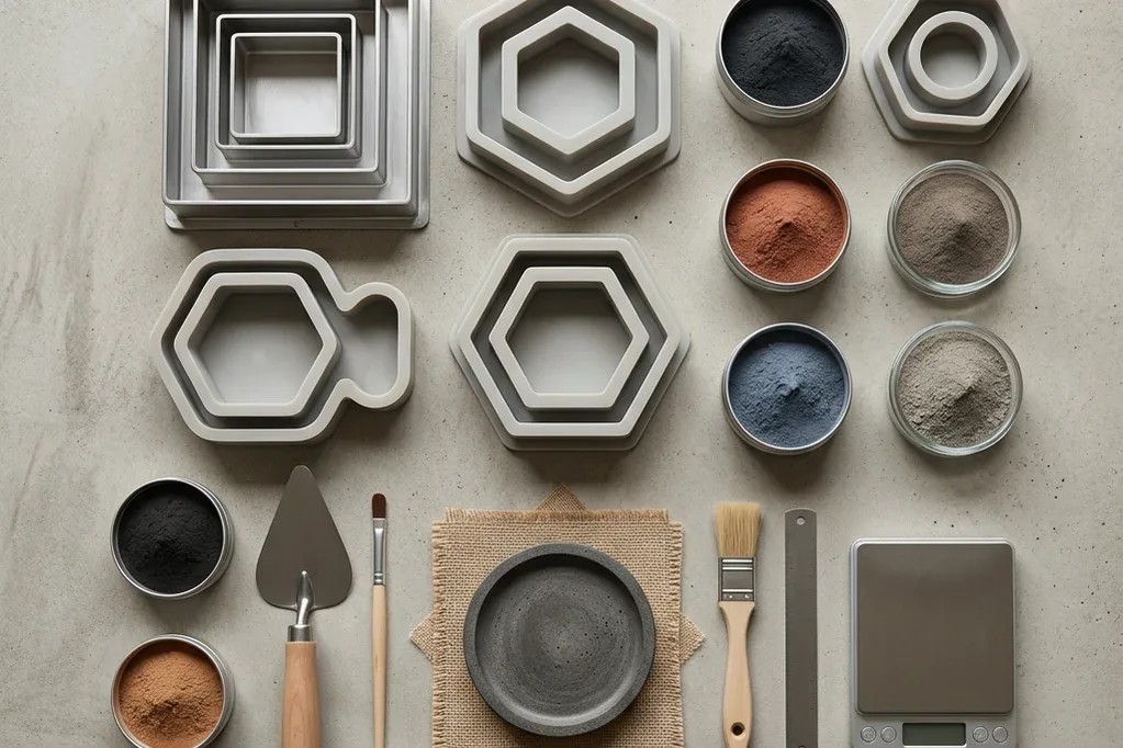 Moldes, herramientas y muestras de color sobre una mesa de taller.