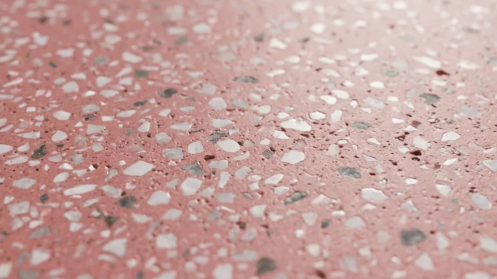 Macro de terrazo rosa pulido con agregados irregulares blancos y grises.