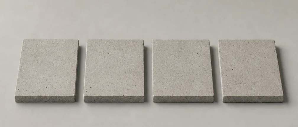 Cuatro piezas rectangulares de concreto del mismo tono gris claro, con variaciones naturales de superficie.