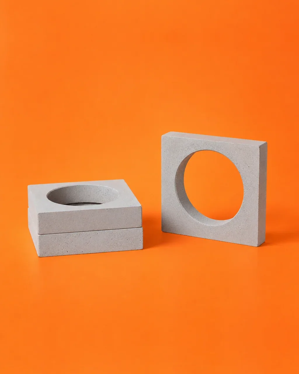 Módulos de celosía de concreto gris claro, uno de pie y otros apilados, sobre fondo naranja.